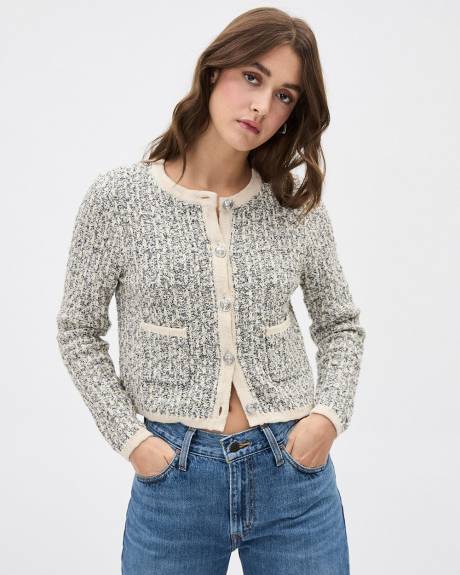 Tweed Long-Sleeve Crew-Neck Cropped Cardigan