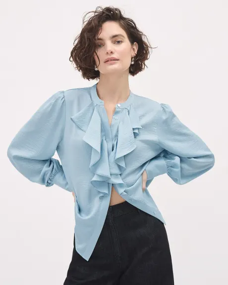 Long-Sleeve Buttoned-Down Satin Blouse with Jabot