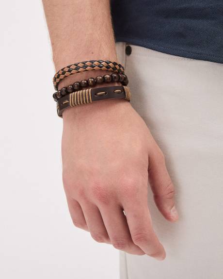 Faux Leather and Wooden Bracelets - Set of 3