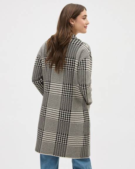 Long Buttoned-Down Plaid Cardigan