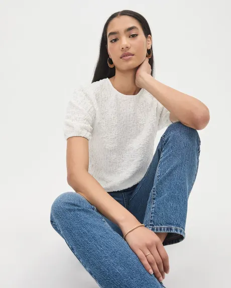Crew-Neck Textured Tee with Short Puffy Sleeves