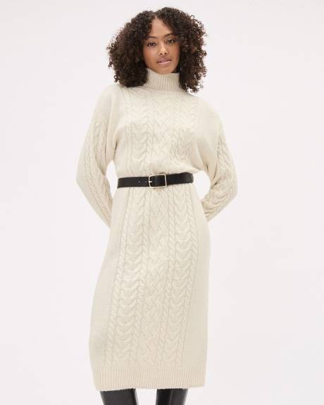 Long-Sleeve Turtle-Neck Straight Midi Dress with Cable Stitches