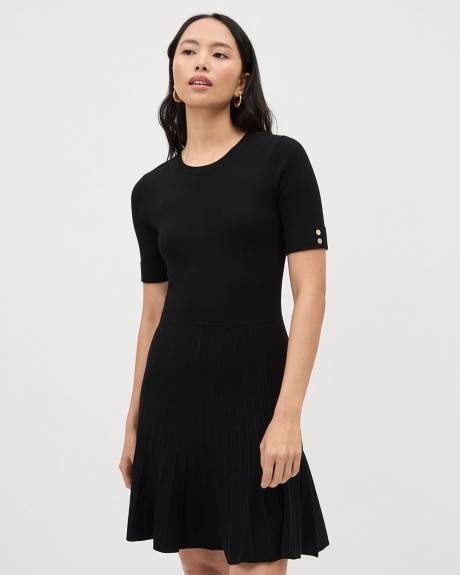 Elbow-Sleeve Fit and Flare Dress with Crew Neckline