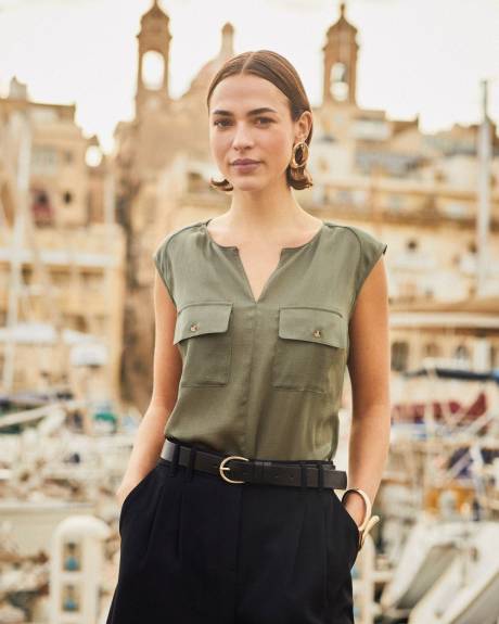 Blouse Popover Sans Manches en Satin avec Poches à Rabat