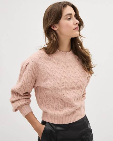 Pull en Tricot Spongieux à Col Rond Ondulé et Manches Longues