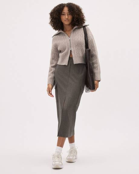 Straight Flannel Midi Skirt with Cargo Pockets