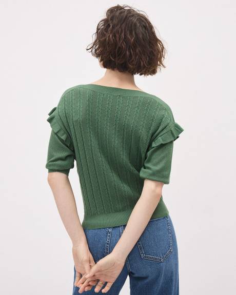 Elbow-Ruffled-Sleeve Boat-Neck Sweater