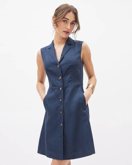 Robe Boutonnée Sans Manches en Mélange de Lin à Col Tailleur