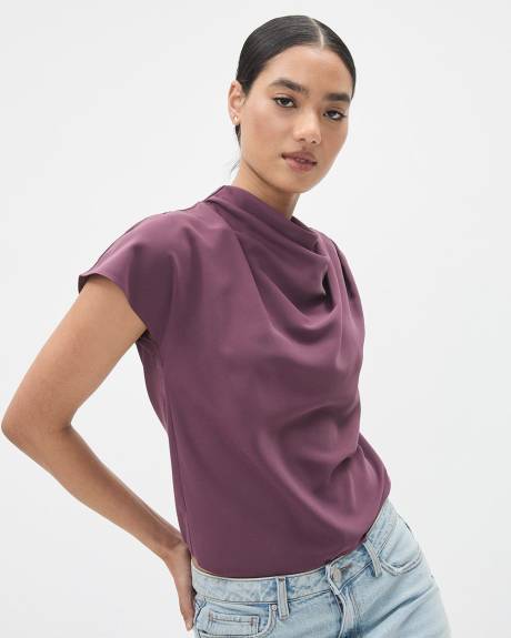 Short-Sleeve Mock-Neck Twill Popover Blouse