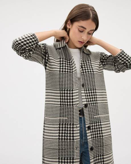 Long Buttoned-Down Plaid Cardigan