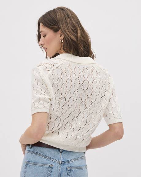 Elbow-Sleeve Crochet Polo Sweater