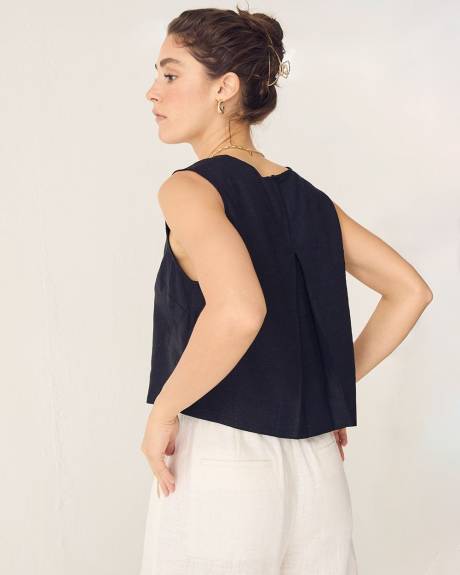 Blouse Sans Manches à Col Rond en Mélange de Lin