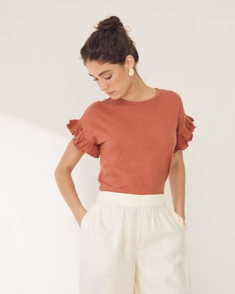 Extended-Sleeve Crew-Neck Top with Ruffles