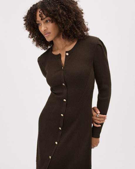 Long-Sleeve Fit and Flare Buttoned-Down Ribbed Dress