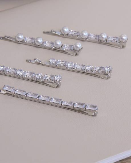 Barrettes Argentées avec Zircons et Perles - Ens. de 5