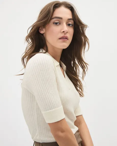 Ribbed Polo Sweater with Elbow Sleeves