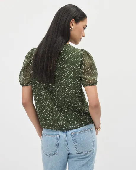 Cropped Crinkle Chiffon Blouse with Short Puffy Sleeves