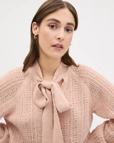 Long-Sleeve V-Neck Relaxed-Fit Sweater with Self-Tie