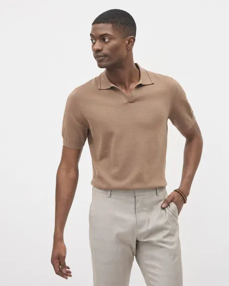 Short-Sleeve Cotton Polo Sweater with Johnny Collar