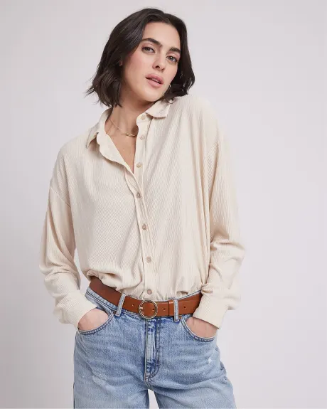 Long-Sleeve Buttoned-Down Pleated Knit Shirt