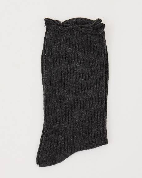 Dark Ribbed Crew Socks with Rolled Cuffs