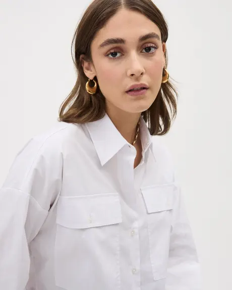 Cropped Long-Sleeve Buttoned-Down Poplin Blouse