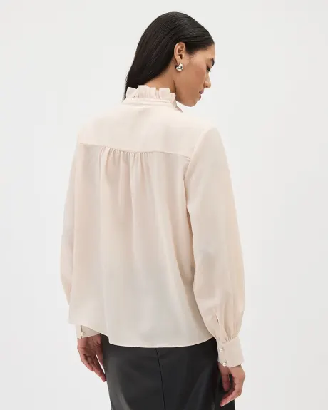 Long-Sleeve Mock-Neck Buttoned-Down Blouse with Ruffles