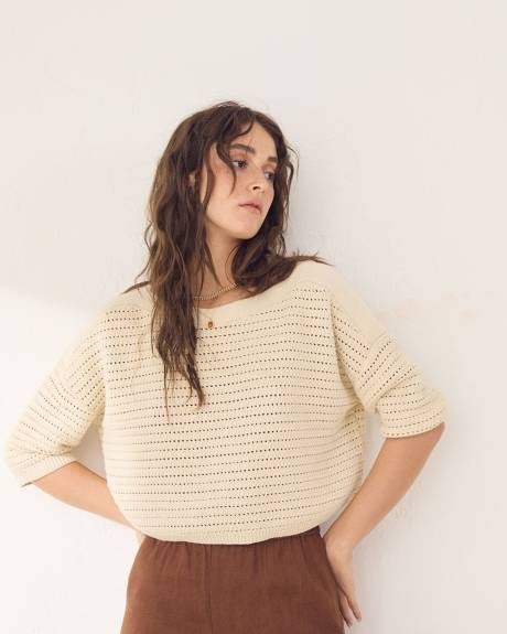 Pull en Mailles Crochetées à Manches aux Coudes