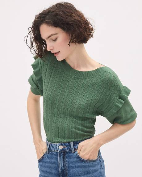 Elbow-Ruffled-Sleeve Boat-Neck Sweater