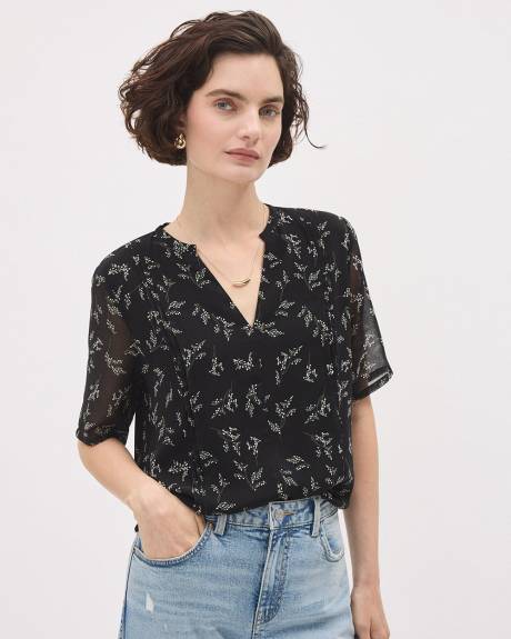 Short-Sleeve V-Neck Popover Blouse