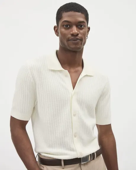 Short-Sleeve Buttoned-Down Cotton Polo Sweater with Camp Collar