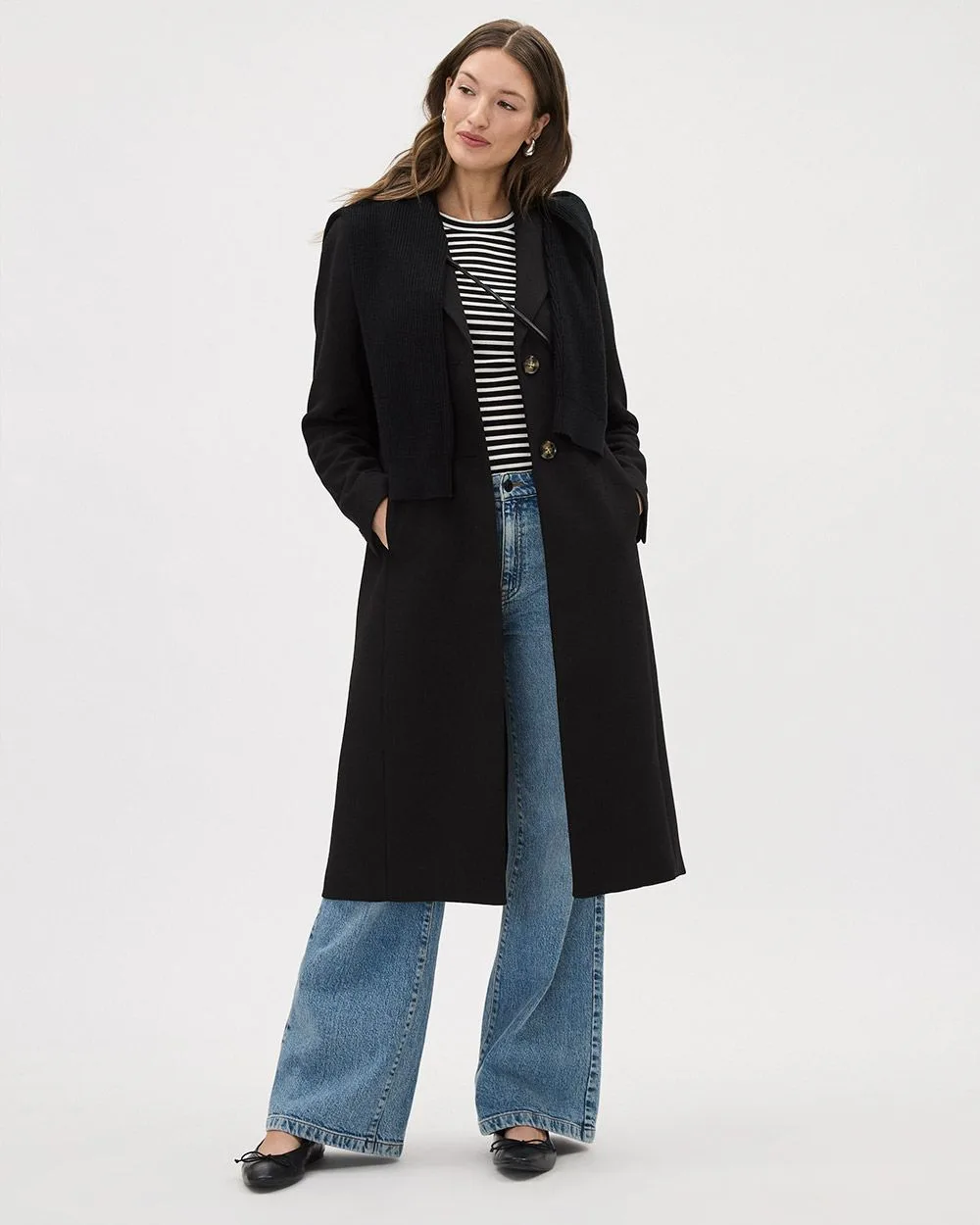 Manteau Long à Coupe Ajustée en Sergé