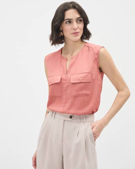 Blouse Popover Sans Manches en Satin avec Poches à Rabat