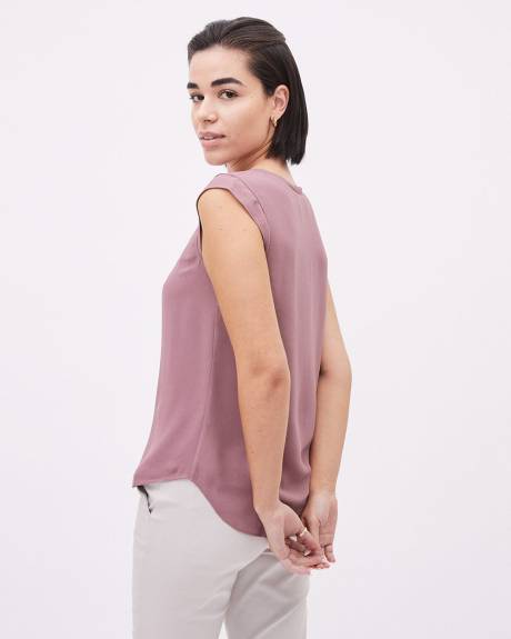 Solid Cap-Sleeve Crew-Neck Silky Crepe Blouse