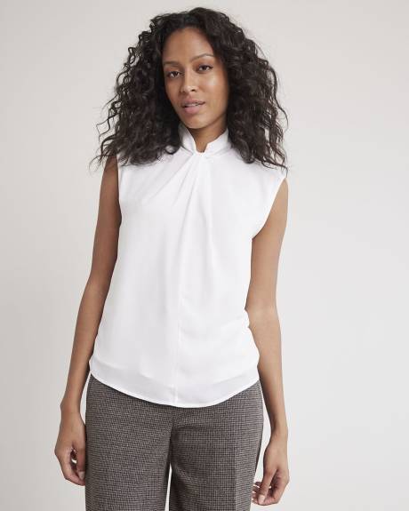 Mix-Media Twisted Mock-Neck Tee with Extended Sleeves