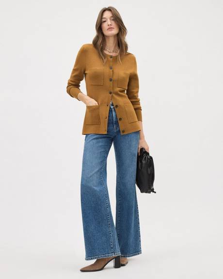 Long Buttoned-Down Cardigan with Pockets