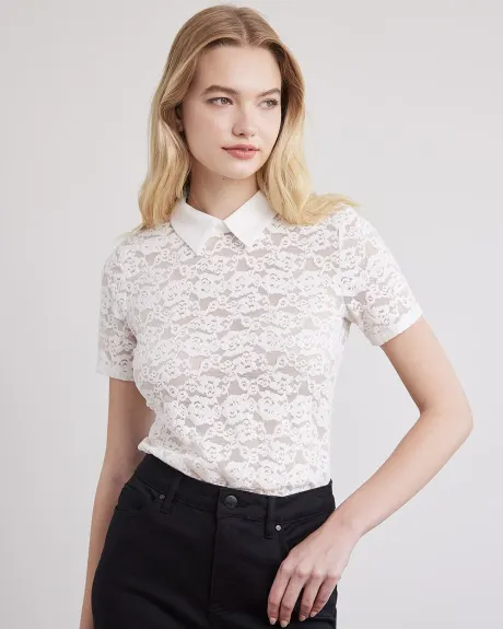 Short-Sleeve Lace Blouse with Shirt Collar