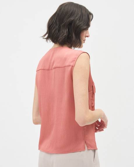 Blouse Popover Sans Manches en Satin avec Poches à Rabat