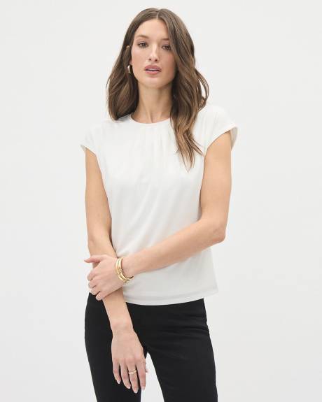 White Crew-Neck Crepe Top with Front Pleats