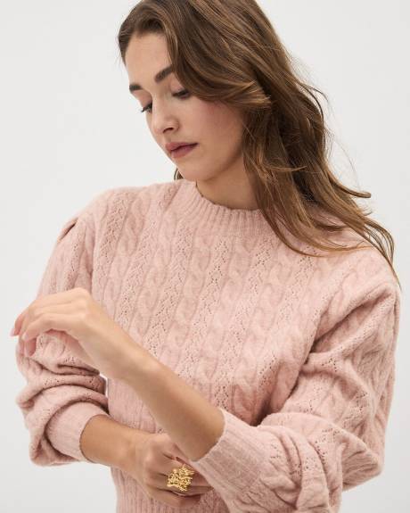 Pull en Tricot Spongieux à Col Rond Ondulé et Manches Longues