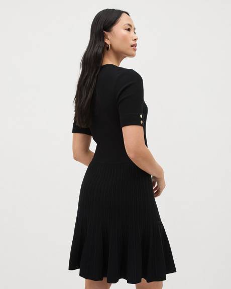 Elbow-Sleeve Fit and Flare Dress with Crew Neckline