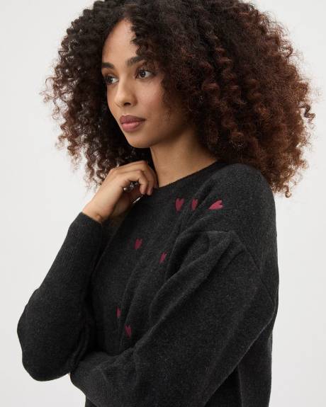 Long-Sleeve Crew-Neck Pullover with Heart Embroideries