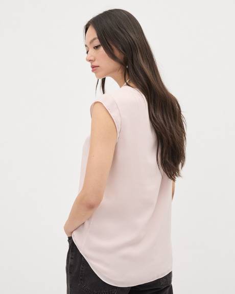 Solid Cap-Sleeve Crew-Neck Silky Crepe Blouse