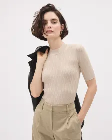 Elbow-Sleeve Mock-Neck Textured Top