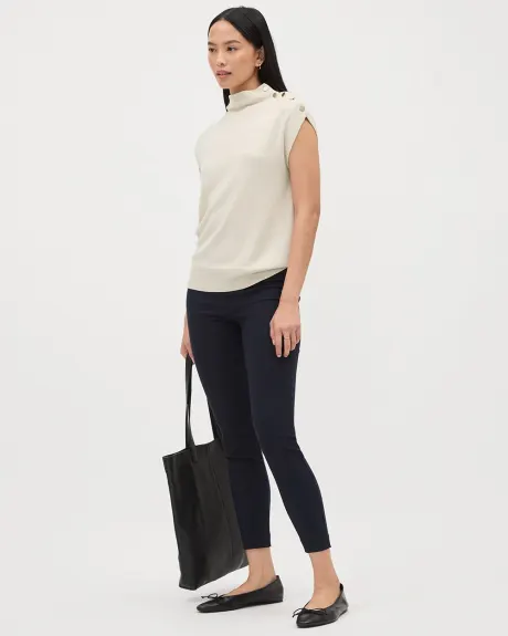 Sleeveless Mock-Neck Sweater with Buttons at Shoulder