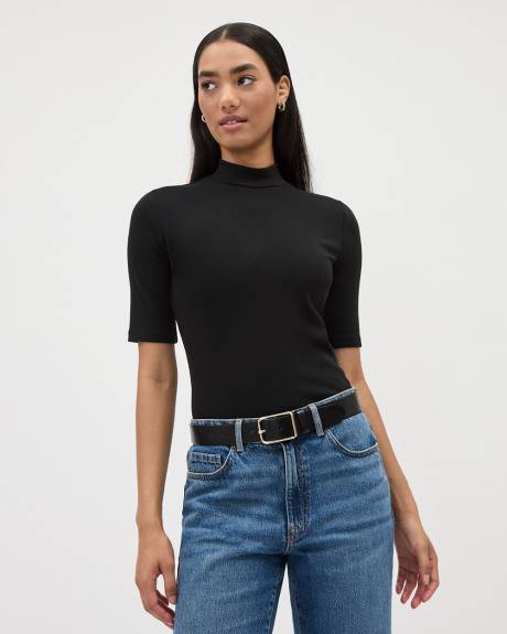 Elbow-Sleeve Mock-Neck Fitted Ribbed Tee