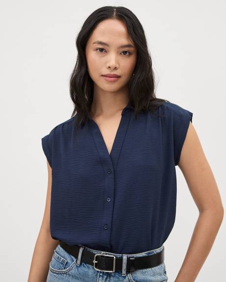 Blouse Boutonnée Fluide à Manches Très Courtes et Col Chemisier