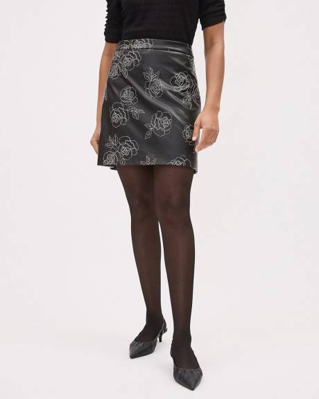 Faux Leather Black A-Line Mini Skirt with Floral Embroideries