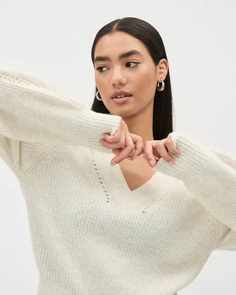 Long-Sleeve V-Neck Sweater with Pointelle Stitches