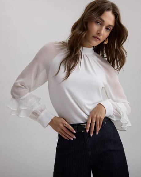 Long-Sleeve Mock-Neck Top with Ruffles